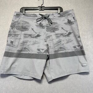AFTCO Mens Gray Fishing Scene‎ Print Board Shorts Size 38x8 Marlin Dolphin Print